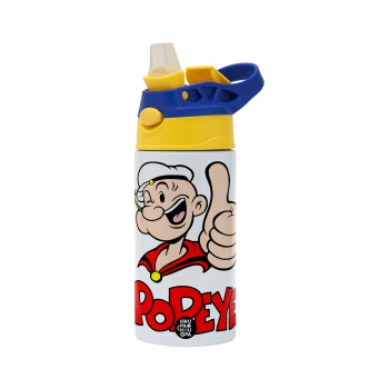 Popeye the sailor man, Children's hot water bottle, stainless steel, with safety straw, green, blue (360ml) BPA FREE