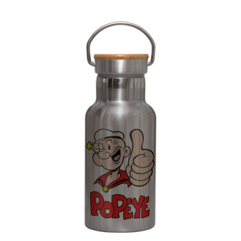 Popeye the sailor man, Stainless steel metallic thermos flask, silver with a bamboo lid, double-walled, 350ml.