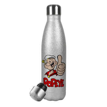 Popeye the sailor man, Μεταλλικό παγούρι θερμός Glitter Aσημένιο (Stainless steel), διπλού τοιχώματος, 500ml