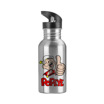Popeye the sailor man, Water bottle Silver with straw, stainless steel 600ml