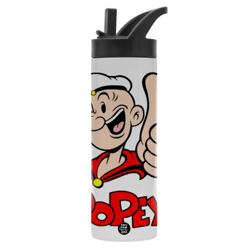 Popeye the sailor man, Μεταλλικό παγούρι θερμός με καλαμάκι & χειρολαβή, ανοξείδωτο ατσάλι (Stainless steel 304), διπλού τοιχώματος, 600ml