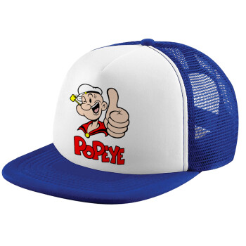 Popeye the sailor man, Adult Soft Trucker Hat with Blue/White Mesh (POLYESTER, ADULT, UNISEX, ONE SIZE)