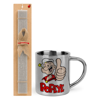 Popeye the sailor man, Easter Set, metallic thermal cup (300ml) & Easter aromatic flat candle (30cm) (GRAY)