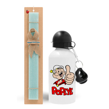 Popeye the sailor man, Easter Set, metallic aluminum water bottle (500ml) & scented flat candle (30cm) (TURQUOISE)