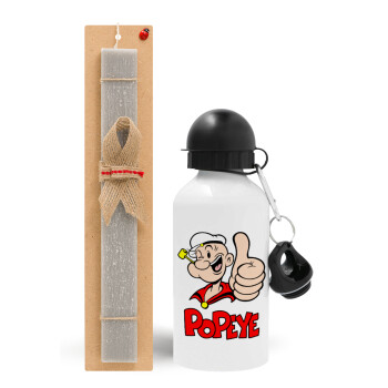 Popeye the sailor man, Easter Set, metallic aluminum water bottle (500ml) & aromatic flat Easter candle (30cm) (GRAY)