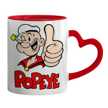 Popeye the sailor man, Mug heart red handle, ceramic, 330ml