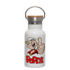 Metallic thermos (Stainless steel) White with wooden lid (bamboo), double-walled, 350ml