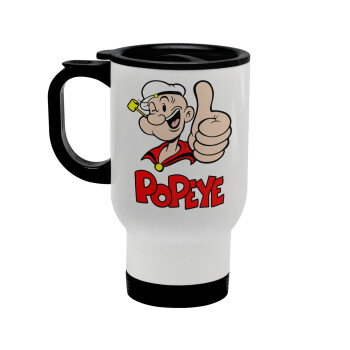 Popeye the sailor man, Stainless steel travel mug with lid, double wall white 450ml