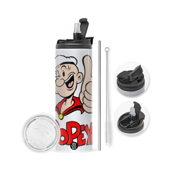 Popeye the sailor man, Travel Tumbler θερμό με διπλό καπάκι, μεταλλικό καλαμάκι και βούρτσα καθαρισμού (Ανωξείδωτο 304 Food grade, BPA free, 600ml)