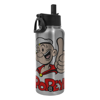 Popeye the sailor man, Μεταλλικό παγούρι θερμός Silver με καλαμάκι και χερούλι (Stainless steel), διπλού τοιχώματος, 950ml