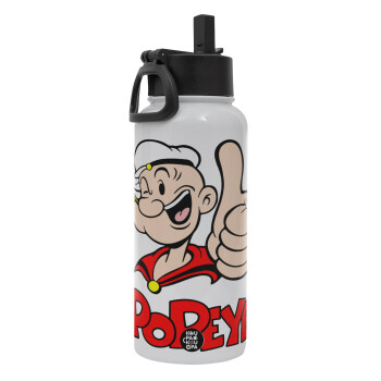 Popeye the sailor man, Metal mug thermo White with Straw and Spout Lid (Stainless steel), double wall, 950ml