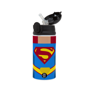 Superman flat, Children's hot water bottle, stainless steel, with safety straw, Black (360ml) BPA-FREE