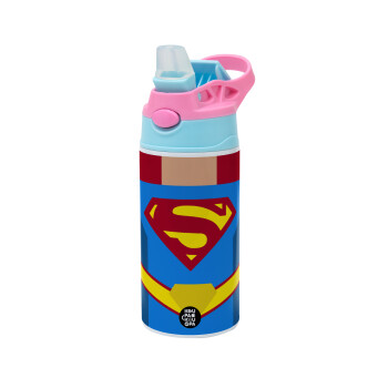 Superman flat, Children's hot water bottle, stainless steel, with safety straw, Pink/BlueCiel (360ml) BPA FREE