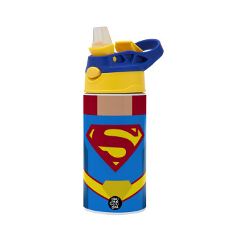 Superman flat, Children's hot water bottle, stainless steel, with safety straw, green, blue (360ml) BPA FREE