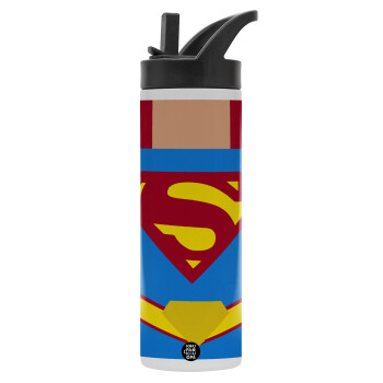 Superman flat, Metallic thermos bottle with straw & handle, stainless steel (Stainless steel 304), double-walled, 600ml.