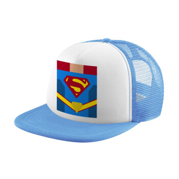 Superman flat, Καπέλο παιδικό Soft Trucker με Δίχτυ ΓΑΛΑΖΙΟ/ΛΕΥΚΟ (POLYESTER, ΠΑΙΔΙΚΟ, ONE SIZE)