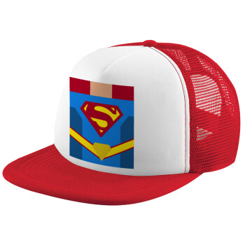 Superman flat, Adult Soft Trucker Hat with Red/White Mesh (POLYESTER, ADULT, UNISEX, ONE SIZE)