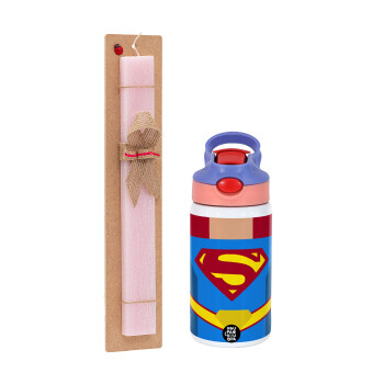 Superman flat, Πασχαλινό Σετ, Παιδικό παγούρι θερμό, ανοξείδωτο, με καλαμάκι ασφαλείας, ροζ/μωβ (350ml) & πασχαλινή λαμπάδα αρωματική πλακέ (30cm) (ΡΟΖ)