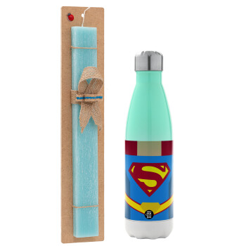 Superman flat, Easter Set, Metallic green/white thermos (Stainless steel), double-walled, 500ml & scented flat Easter candle (30cm) (TURQUOISE)