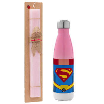 Superman flat, Easter Set, Metallic pink/white (Stainless steel) thermos, double-walled, 500ml & aromatic flat Easter candle (30cm) (PINK)