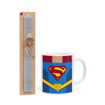 Superman flat, Πασχαλινό Σετ, Κούπα κεραμική (330ml) & πασχαλινή λαμπάδα αρωματική πλακέ (30cm) (ΓΚΡΙ)