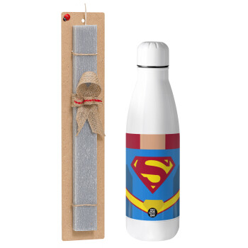 Superman flat, Πασχαλινό Σετ, μεταλλικό παγούρι Inox (700ml) & πασχαλινή λαμπάδα αρωματική πλακέ (30cm) (ΓΚΡΙ)