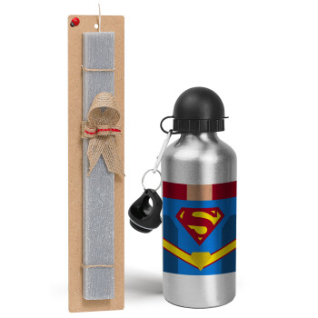 Superman flat, Easter Set, metallic silver aluminum water bottle (500ml) & aromatic flat Easter candle (30cm) (GRAY)