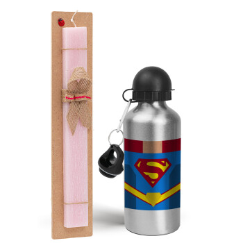 Superman flat, Easter Set, metallic Silver aluminum water bottle (500ml) & scented flat Easter candle (30cm) (PINK)