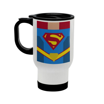 Superman flat, Stainless steel travel mug with lid, double wall white 450ml