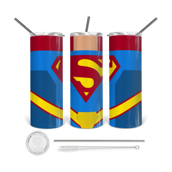 Superman flat, 360 Eco friendly ποτήρι θερμό (tumbler) από ανοξείδωτο ατσάλι 600ml, με μεταλλικό καλαμάκι & βούρτσα καθαρισμού