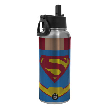 Superman flat, Metal mug thermo Silver with Straw and Spout Lid (Stainless steel), double wall, 950ml