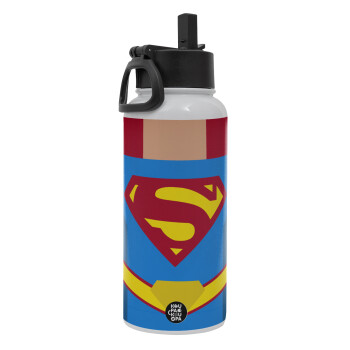 Superman flat, Metal mug thermo White with Straw and Spout Lid (Stainless steel), double wall, 950ml