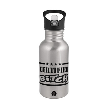 Certified Bitch, Water bottle Silver with straw, stainless steel 500ml