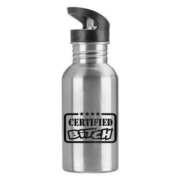 Certified Bitch, Water bottle Silver with straw, stainless steel 600ml