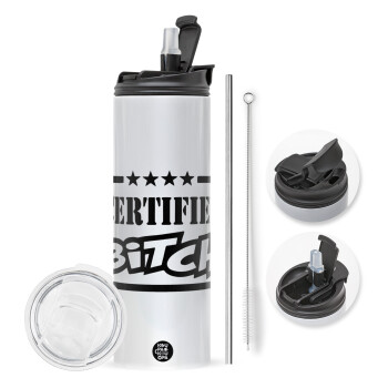 Certified Bitch, Travel Tumbler θερμό με διπλό καπάκι, μεταλλικό καλαμάκι και βούρτσα καθαρισμού (Ανωξείδωτο 304 Food grade, BPA free, 600ml)