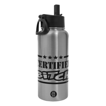 Certified Bitch, Metal mug thermo Silver with Straw and Spout Lid (Stainless steel), double wall, 950ml