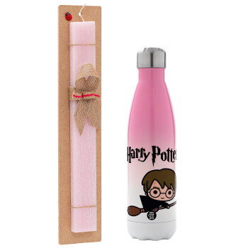 Harry potter kid, Easter Set, Metallic pink/white (Stainless steel) thermos, double-walled, 500ml & aromatic flat Easter candle (30cm) (PINK)