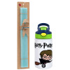 Easter Set, Children's thermal stainless steel bottle with safety straw, green/blue (350ml) & aromatic flat Easter candle (30cm) (TURQUOISE)