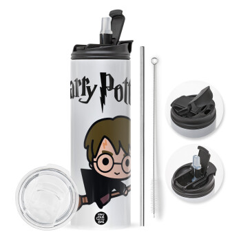 Harry potter kid, Travel Tumbler θερμό με διπλό καπάκι, μεταλλικό καλαμάκι και βούρτσα καθαρισμού (Ανωξείδωτο 304 Food grade, BPA free, 600ml)