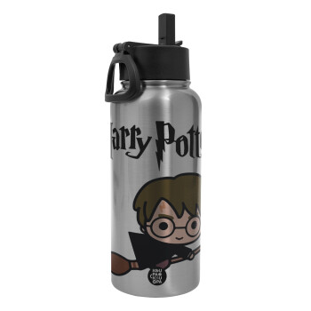 Harry potter kid, Μεταλλικό παγούρι θερμός Silver με καλαμάκι και χερούλι (Stainless steel), διπλού τοιχώματος, 950ml