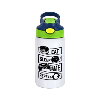 Eat Sleep Game Repeat, Children's hot water bottle, stainless steel, with safety straw, green, blue (350ml)