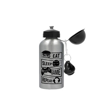 Eat Sleep Game Repeat, Metallic water jug, Silver, aluminum 500ml