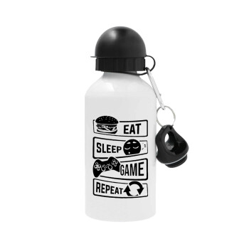 Eat Sleep Game Repeat, Metal water bottle, White, aluminum 500ml