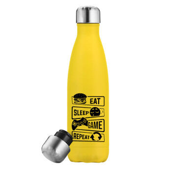 Eat Sleep Game Repeat, Yellow Stainless Steel Metallic Thermos, double-walled, 500ml