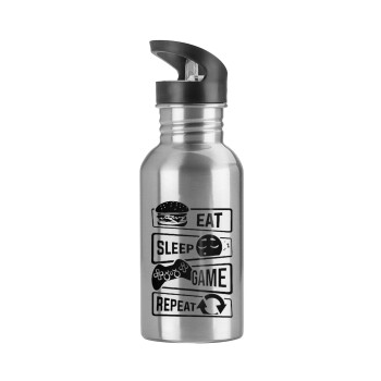 Eat Sleep Game Repeat, Water bottle Silver with straw, stainless steel 600ml