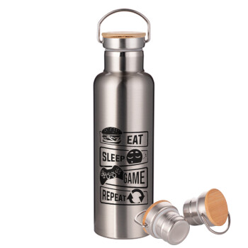 Eat Sleep Game Repeat, Stainless steel Silver with wooden lid (bamboo), double wall, 750ml