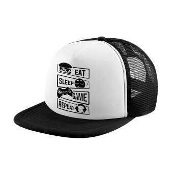 Eat Sleep Game Repeat, Καπέλο Ενηλίκων Soft Trucker με Δίχτυ Black/White (POLYESTER, ΕΝΗΛΙΚΩΝ, UNISEX, ONE SIZE)