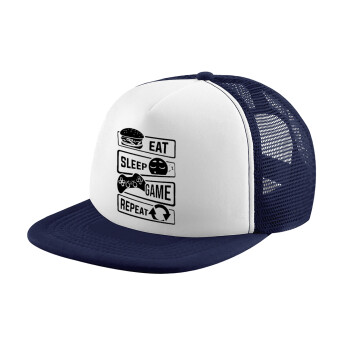 Eat Sleep Game Repeat, Καπέλο Ενηλίκων Soft Trucker με Δίχτυ Dark Blue/White (POLYESTER, ΕΝΗΛΙΚΩΝ, UNISEX, ONE SIZE)