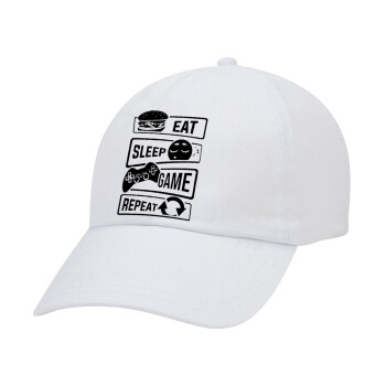 Eat Sleep Game Repeat, Καπέλο Ενηλίκων Baseball Λευκό 5-φύλλο (POLYESTER, ΕΝΗΛΙΚΩΝ, UNISEX, ONE SIZE)