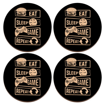 Eat Sleep Game Repeat, ΣΕΤ x4 Σουβέρ ξύλινα στρογγυλά plywood (9cm)